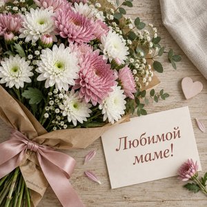 Открытка «Любимой маме!» с хризантемами и лентой