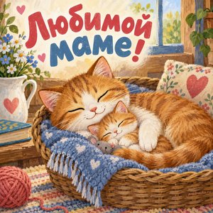 Открытка «Любимой маме!» с кошкой и котёнком