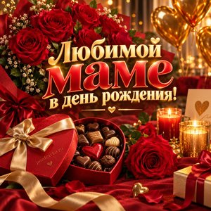 Открытка «Любимой маме в день рождения!» с алыми розами и шарами