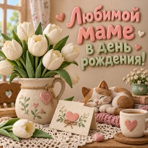 Открытка «Любимой маме в день рождения!» с тюльпанами в кувшине