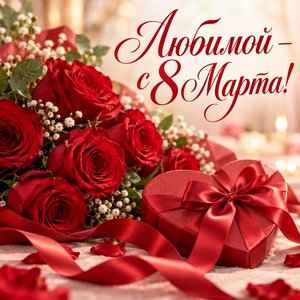 Открытка «Любимой — с 8 Марта!» с красными розами и сердцем