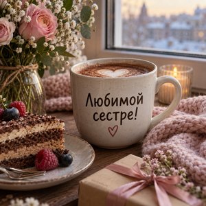 Открытка «Любимой сестре!» с какао и тортом