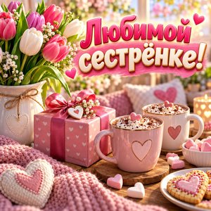 Открытка «Любимой сестрёнке!» с тюльпанами и какао