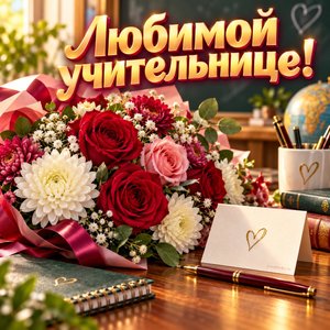Открытка «Любимой учительнице!» с розами и хризантемами