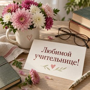 Открытка «Любимой учительнице!» со стаканом-букетом Открытка «Любимой учительнице!» со стаканом-букетом
