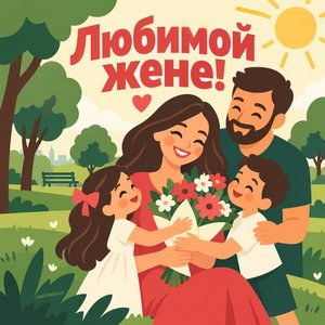 Открытка «Любимой жене!» с семьёй и букетом