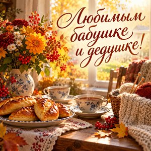 Открытка «Любимым бабушке и дедушке!» с чаем, пирогами и вязанием