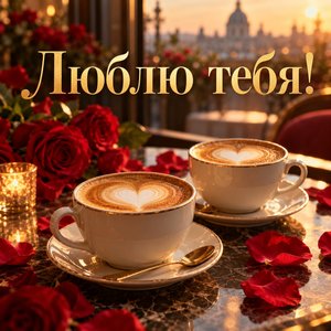 Открытка «Люблю тебя!» с двумя капучино-сердцами
