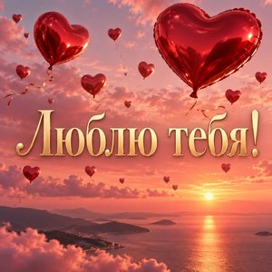 Открытка «Люблю тебя!» с шарами-сердцами в небе