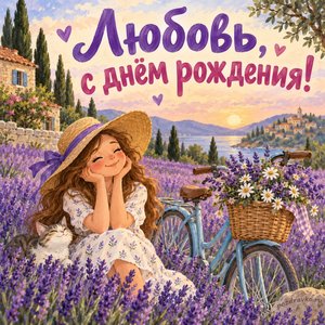 Открытка «Любовь, с днём рождения!» Любови с лавандой и велосипедом