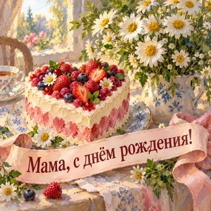 Открытка «Мама, с днём рождения!» с тортом-сердцем