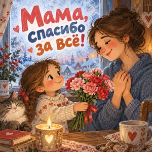 Открытка «Мама, спасибо за всё!» с гвоздиками у окна