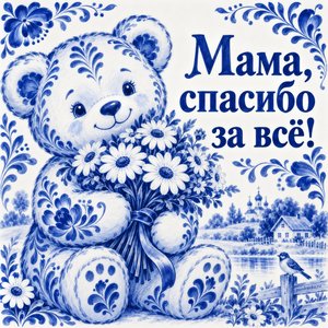 Открытка «Мама, спасибо за всё!» с мишкой и ромашками