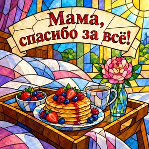 Открытка «Мама, спасибо за всё!» с завтраком в постель