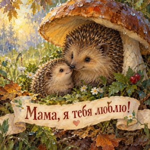 Открытка «Мама, я тебя люблю!» с ежихой и ежонком