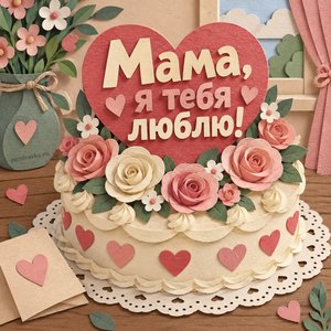 Открытка «Мама, я тебя люблю!» с тортом и сердцем