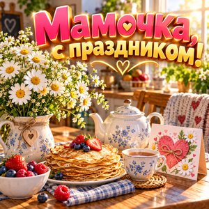 Открытка «Мамочка, с праздником!» маме с ромашками на кухне