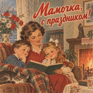 Открытка «Мамочка, с праздником!» с чтением у камина