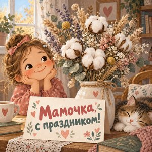 Открытка «Мамочка, с праздником!» с хлопком и сухоцветами