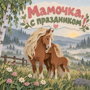 Открытка «Мамочка, с праздником!» с лошадью и жеребёнком