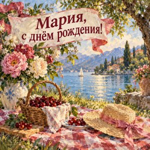 Открытка «Мария, с днём рождения!» Марии с пикником у озера