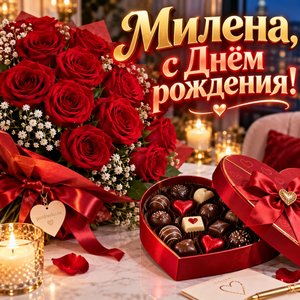 Открытка «Милена, с Днём рождения!» Милене с алыми розами и конфетами