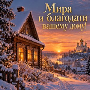 Открытка «Мира и благодати вашему дому!» с деревянным домом и храмом на холме