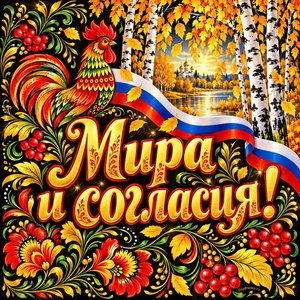 Открытка «Мира и согласия!» с берёзами и триколором