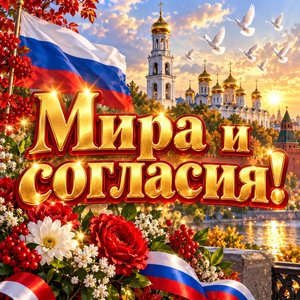 Открытка «Мира и согласия!» с колокольней и флагом