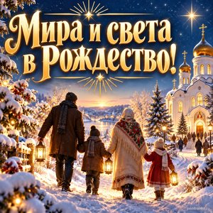 Открытка «Мира и света в Рождество!» с семьёй у храма