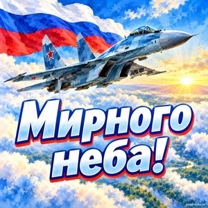 Открытка «Мирного неба!» с самолётом над облаками