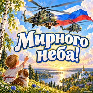 Открытка «Мирного неба!» с вертолётами и флагом