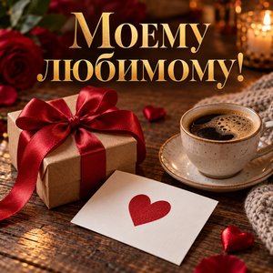 Открытка «Моему любимому!» с подарком и кофе