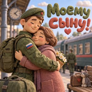 Открытка «Моему сыну!» с проводами на вокзале