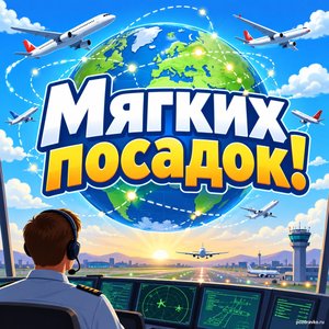 Открытка «Мягких посадок!» с глобусом и маршрутами