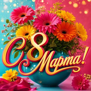 Открытка к Международному женскому дню 8 марта с ярким букетом гербер