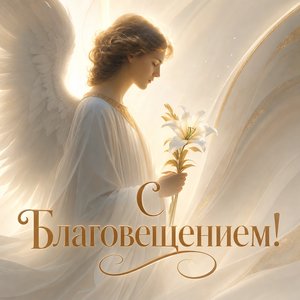 Открытка на Благовещение Пресвятой Богородицы с архангелом Гавриилом и лилией