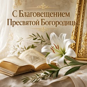 Открытка на Благовещение Пресвятой Богородицы с раскрытой книгой и белой лилией