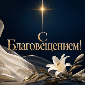 Открытка на Благовещение Пресвятой Богородицы с золотым лучом и крестом