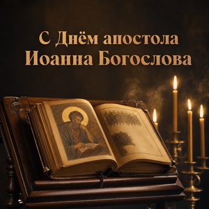 Открытка на День апостола Иоанна Богослова с Евангелием и свечами