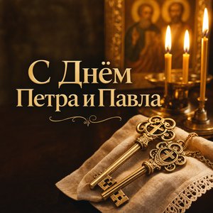 Открытка на День апостолов Петра и Павла с золотыми ключами и свечами