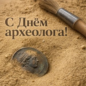 Открытка на День археолога с древней монетой и кистью