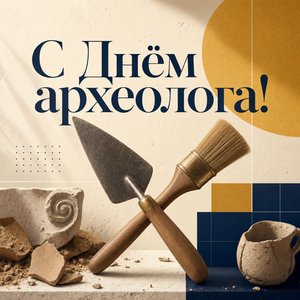 Открытка на День археолога с мастерком и кистью
