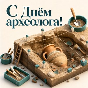 Открытка на День археолога с мини-раскопом и амфорой