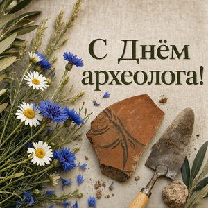 Открытка на День археолога с полевыми цветами и черепком
