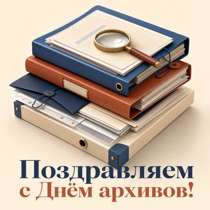 Открытка на День архивов со стопкой архивных папок