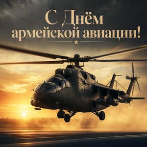 Открытка на День армейской авиации с вертолётом на рассвете