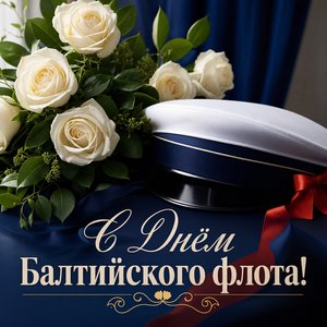 Открытка на День Балтийского флота ВМФ России с белыми розами и фуражкой