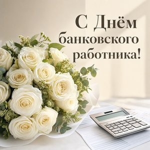 Открытка на День банковского работника с белыми розами и калькулятором
