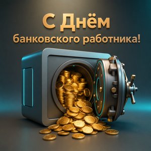 Открытка на День банковского работника с открытым сейфом и монетами
